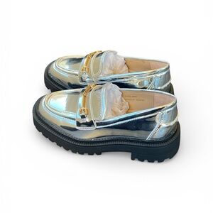 Sam Edelman Laurs Silver Metallic Kids Loafers with Gold Accent. NWOT In Box.